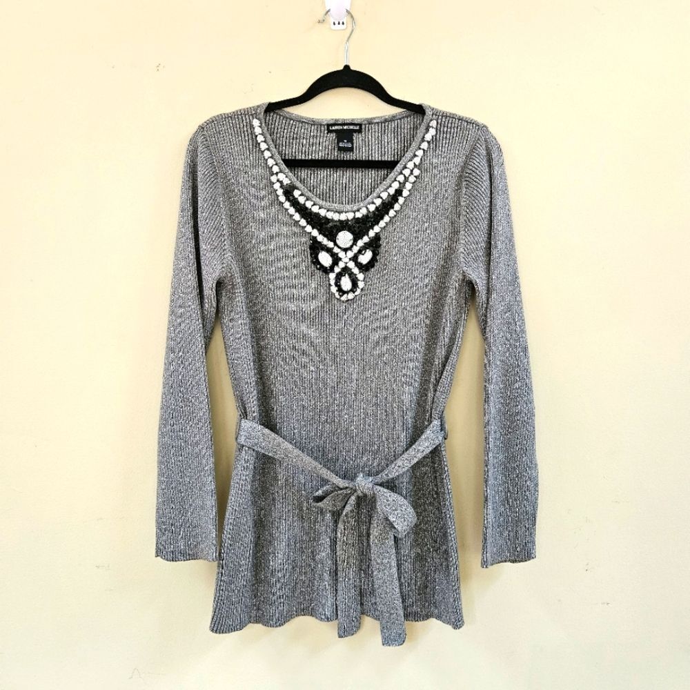 Lauren Michelle Sparkle Gray Silver Belted Holiday Sweater Beaded Accents Sz M